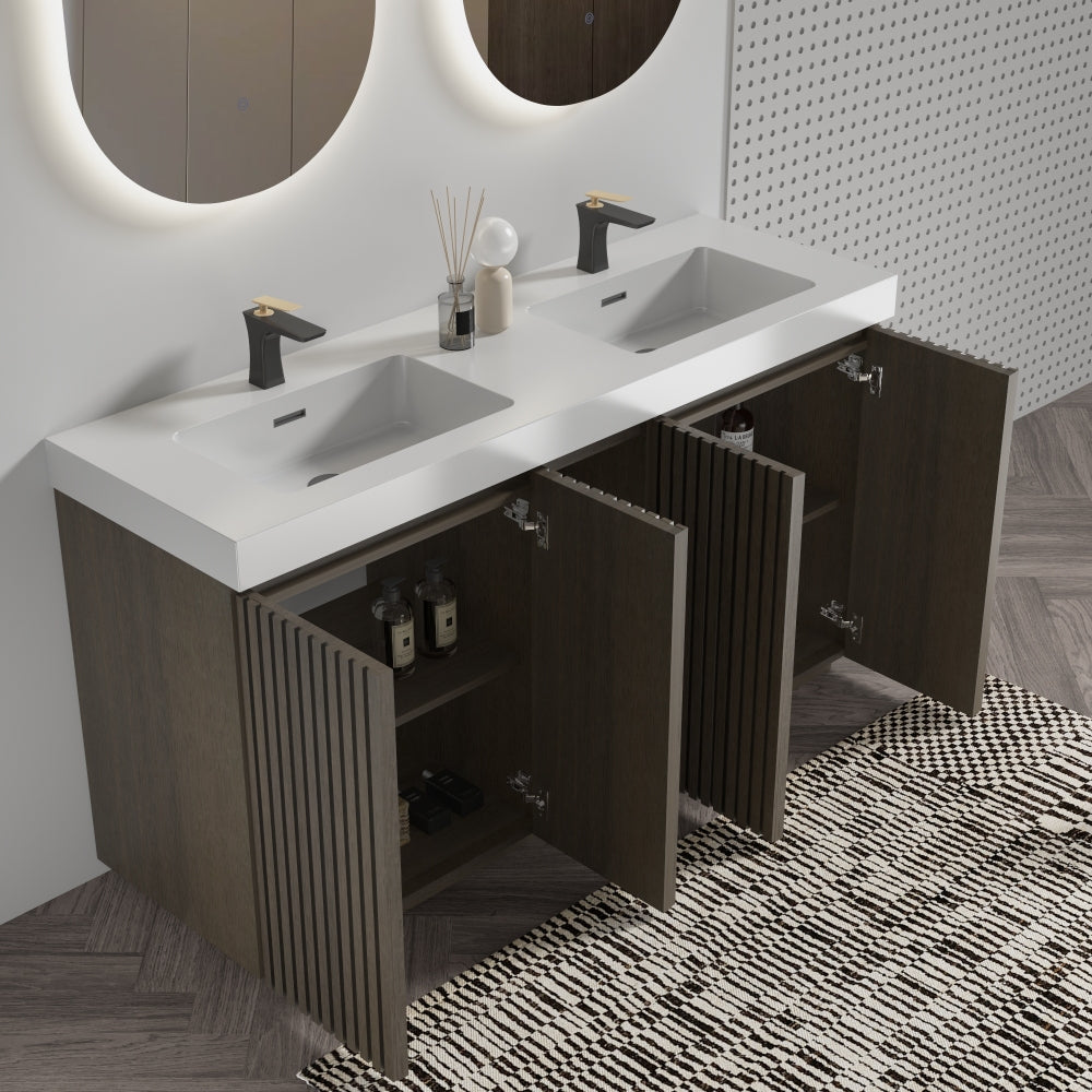 GALAN60F" Smoked Oak Bathroom Vanity with Sink, Large Storage Freestanding Bathroom Vanity for Modern Bathroom, One-Piece White Sink Basin without Drain and Faucet, KD