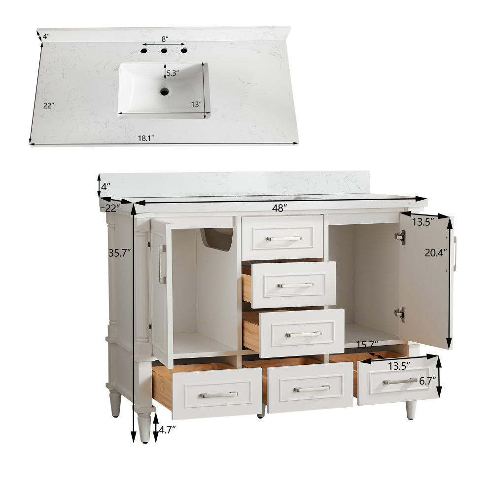 Fully Assembled 48'' Freestanding Single Bathroom Vanity with 2 Free Handle Sets