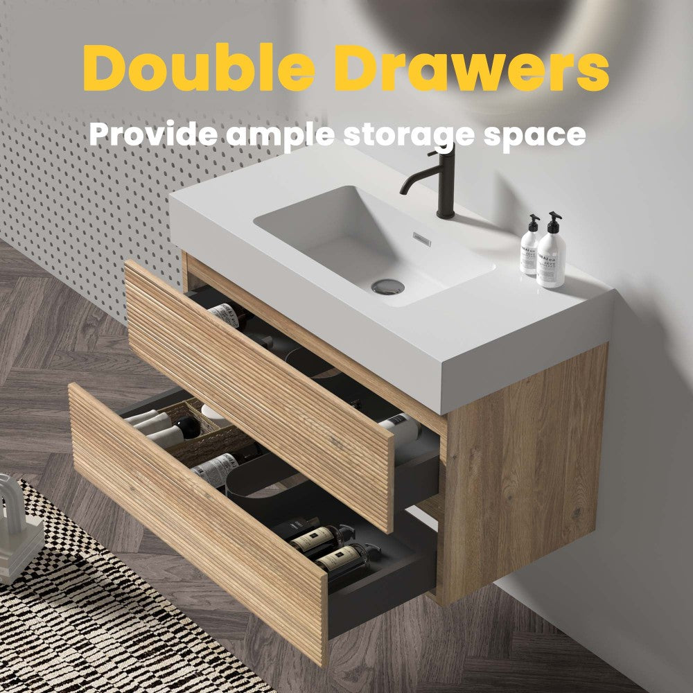 Grace 36" Rough Oak+Rough Oak Bathroom Vanity with White Engineered Quartz Sink and Soft Drawers, Wall Mounted Floating Bathroom Vanity for Modern Bathroom, One-Piece White Glossy Basin, KD