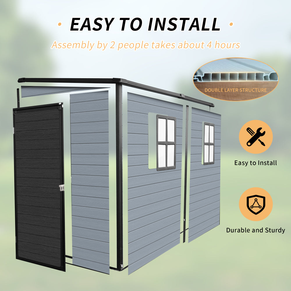 4x8ft Outdoor Resin Garden Shed with Floor and 2 Windows, Plastic Patio Outdoor Storage Shed with Lockable Door for Garden Tools, Bicycles, Trash Cans, Gray+Black
