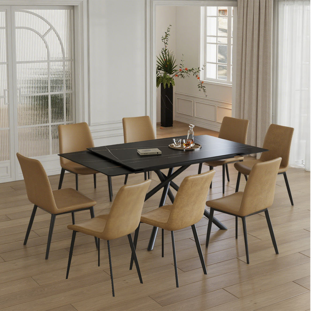Retractable Sintered Stone Dining Table Set,It features a modern rectangular design, with black carbon steel table legs and a cross-leg structure at the bottom. (Table + 4 Chairs)
