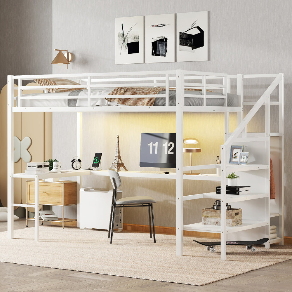 Queen Size Loft Bed with L-shaped Desk and USB, Metal Loft Bed with Wardrobe and Adjustable Shelf, High Loft Bed with LED for Kids Teens Adults, Wood-grain