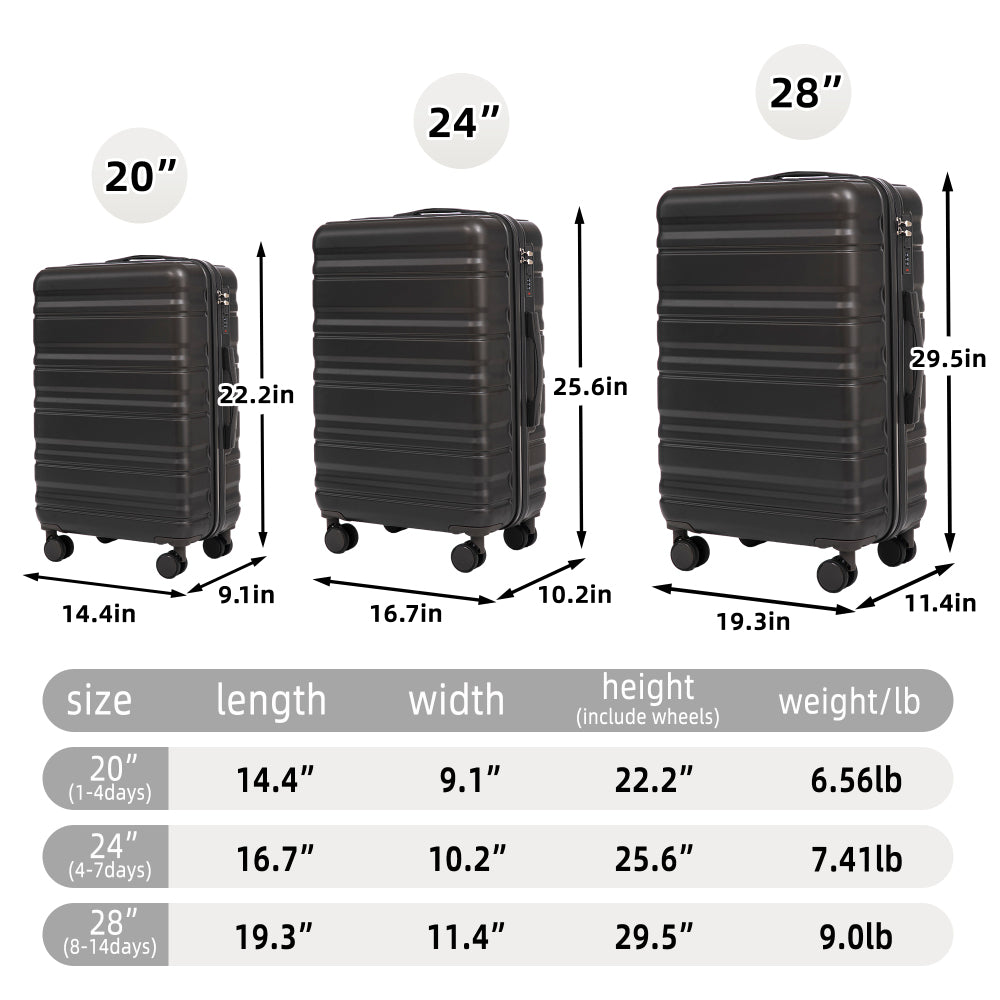 HIFINE TOURIST 20"/24"/28" 3 pcs/set in ABS Spinner Wheel Luggage, Carry on Suitcase, Matching Color, Combination Lock (Dark Gray)