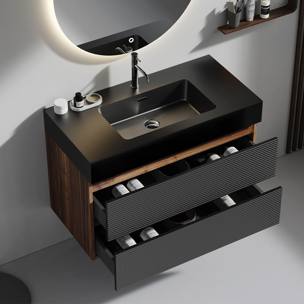 Grace 36" Rough Oak+Rough Oak Bathroom Vanity with White Engineered Quartz Sink and Soft Drawers, Wall Mounted Floating Bathroom Vanity for Modern Bathroom, One-Piece White Glossy Basin, KD