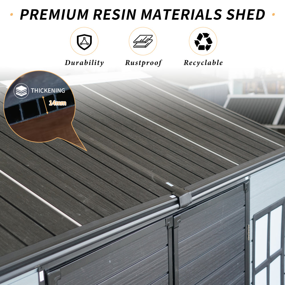 8x4ft Outdoor Resin Garden Shed with Floor and 2 Windows, Plastic Patio Outdoor Storage Shed with Lockable Door for Garden Tools, Bicycles, Trash Cans, Gray+Black