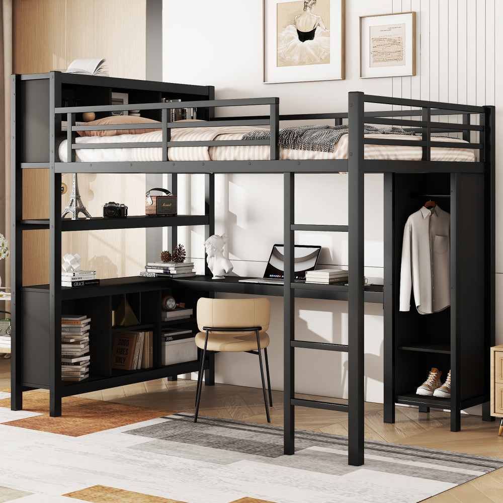 Metal Loft Bed with Wardrobe And L-shaped Desk, Queen Size Loft Bed with Storage Cubes and Shelves, Heavy Duty Loft Bed for Kids Teens Adults, Black Woodgrain