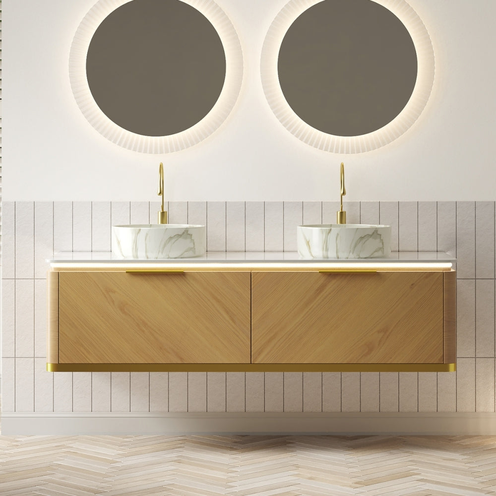 DIPA 36" Bathroom Vanity&Sink, Floating Plywood Storage Cabinet with Sensor Light, Drawer, Stone Pattern White Round Ceramic Vessel Basin&Sintered Stone Top, Pre-assembled, Dark Walnut Woodgrain Color