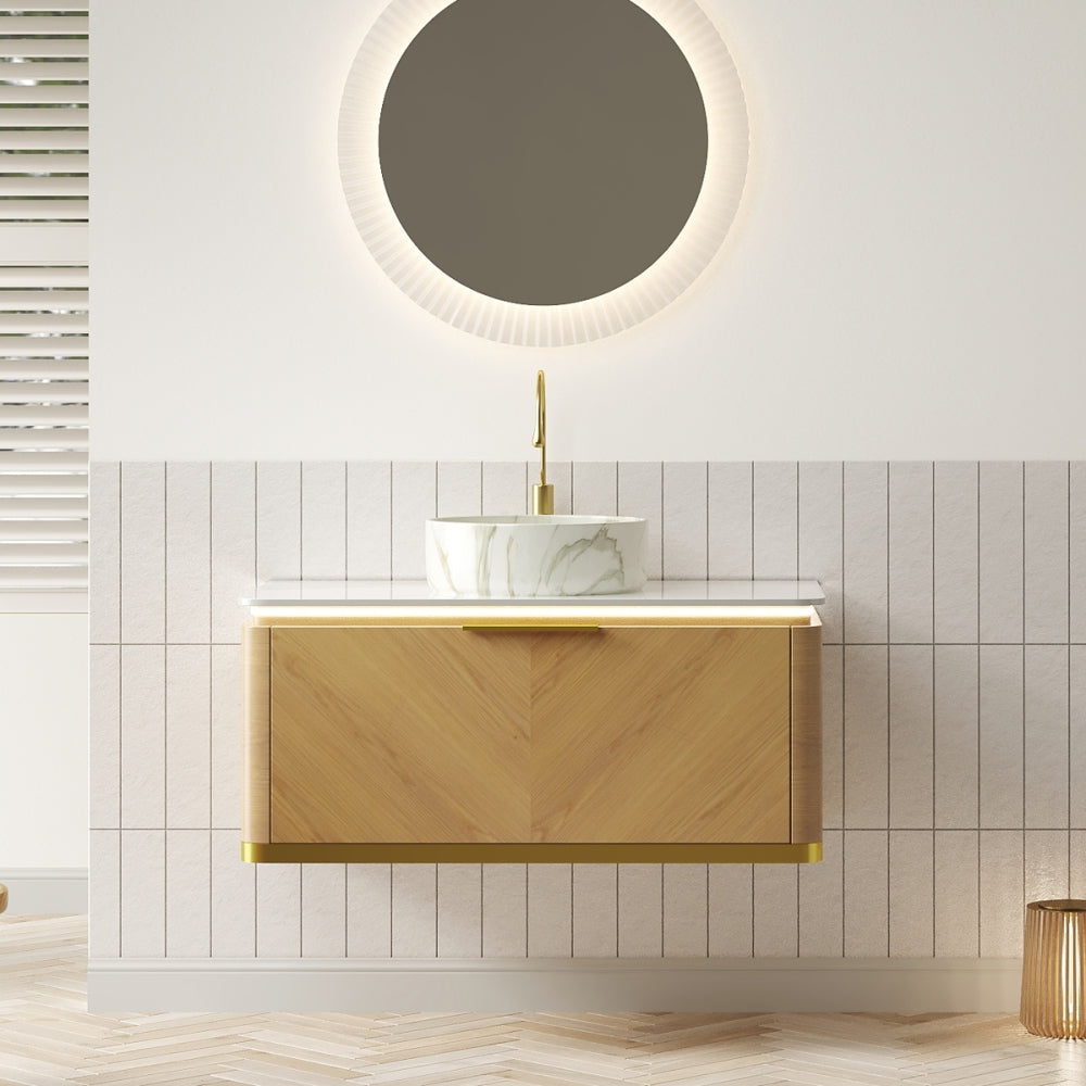 DIPA 36" Bathroom Vanity&Sink, Floating Plywood Storage Cabinet with Sensor Light, Drawer, Stone Pattern White Round Ceramic Vessel Basin&Sintered Stone Top, Pre-assembled, Dark Walnut Woodgrain Color