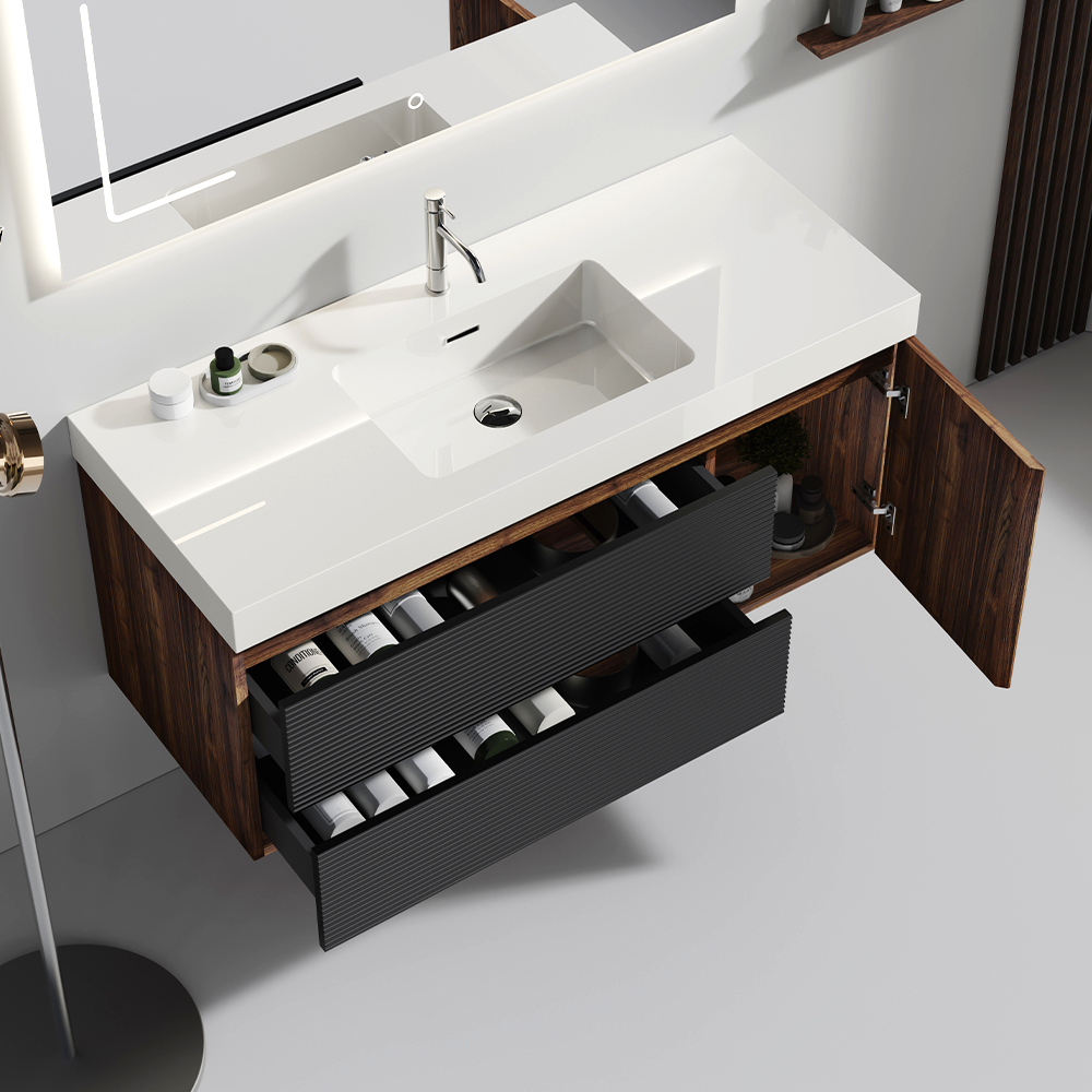 Grace 36" Rough Oak+Rough Oak Bathroom Vanity with White Engineered Quartz Sink and Soft Drawers, Wall Mounted Floating Bathroom Vanity for Modern Bathroom, One-Piece White Glossy Basin, KD