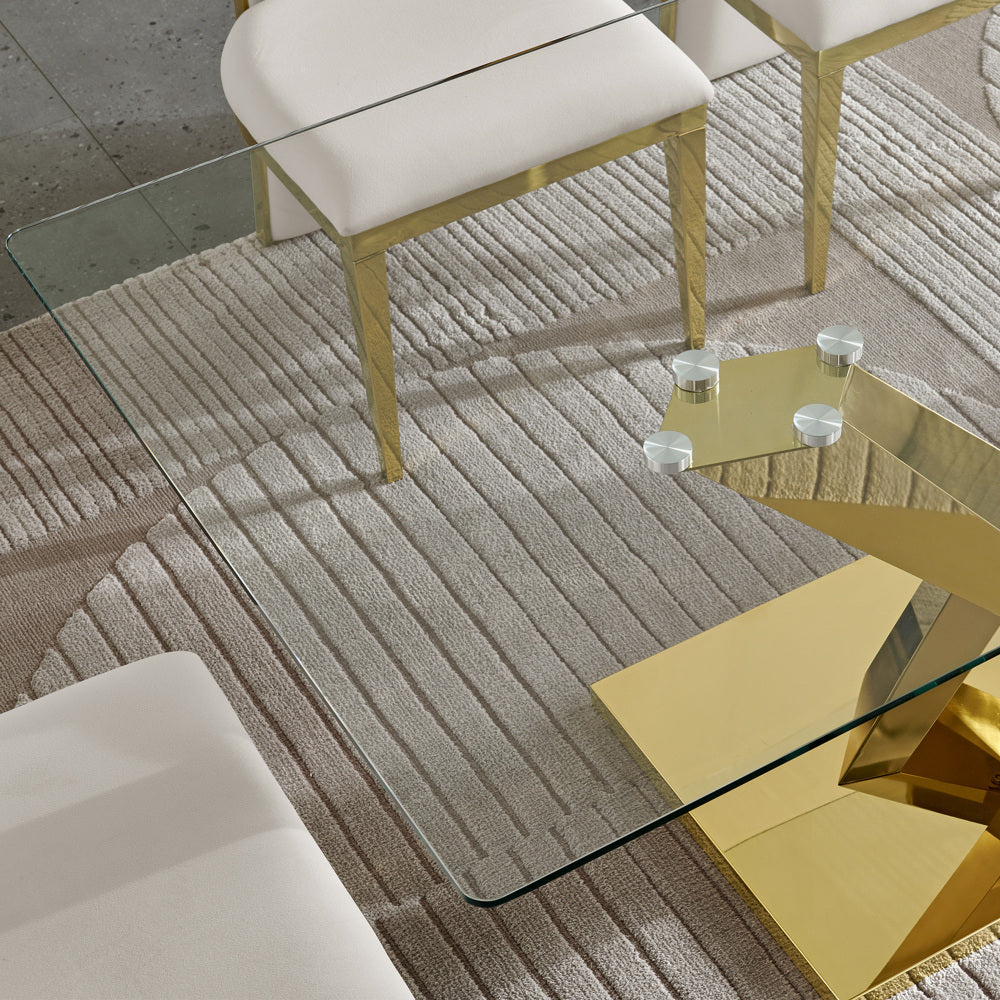 Gold stainless steel dining table 70.08 inch clear tempered glass top