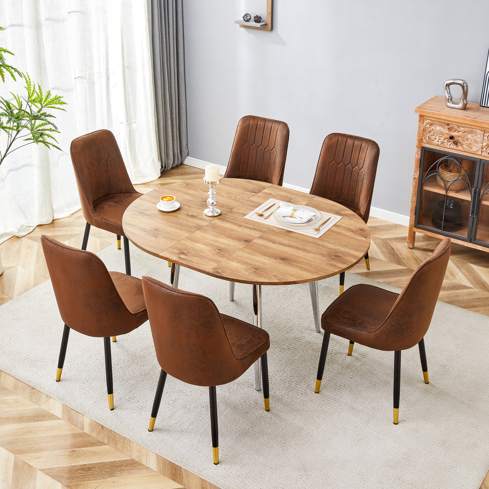 Table and chair set.With a Expandable mechanism,the Wood Grain MDF table top and silver metal legs and has a smooth surface.Paried With 4 White PU Chairs with a vertical stripe design on the backrest.
