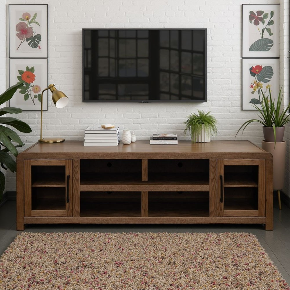 Haven 82 inch TV Stand with Glass Doors, for TVs up to 90 inches, No Assembly Required, Oak Bourbon Finish