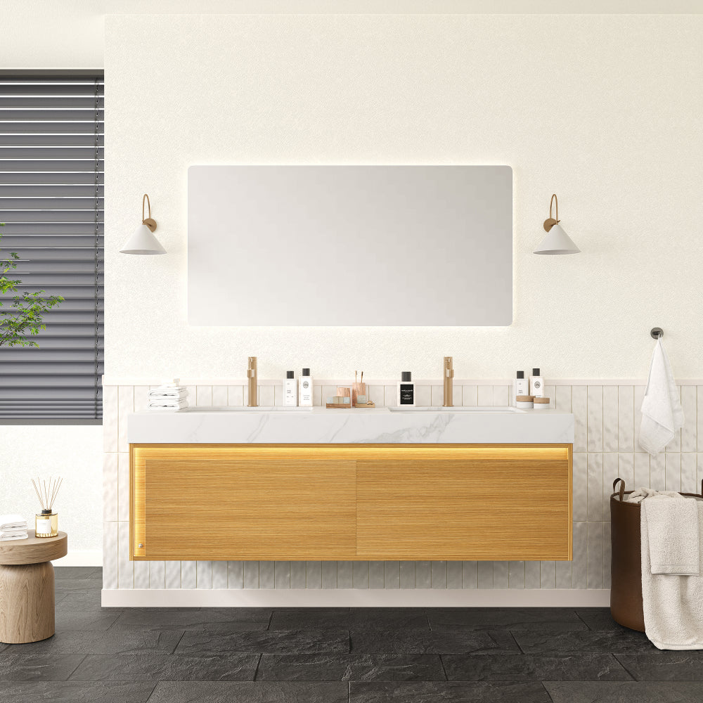 NYAH 36'' Bathroom Vanity&Sink, Floating Ultra-Slim Grille Plywood Storage Cabinet, Drawer, Sensor Light, Travertine-Pattern Sintered Stone Top&Ceramic Undermount Basin, Pre-assembled, Light Woodgrain