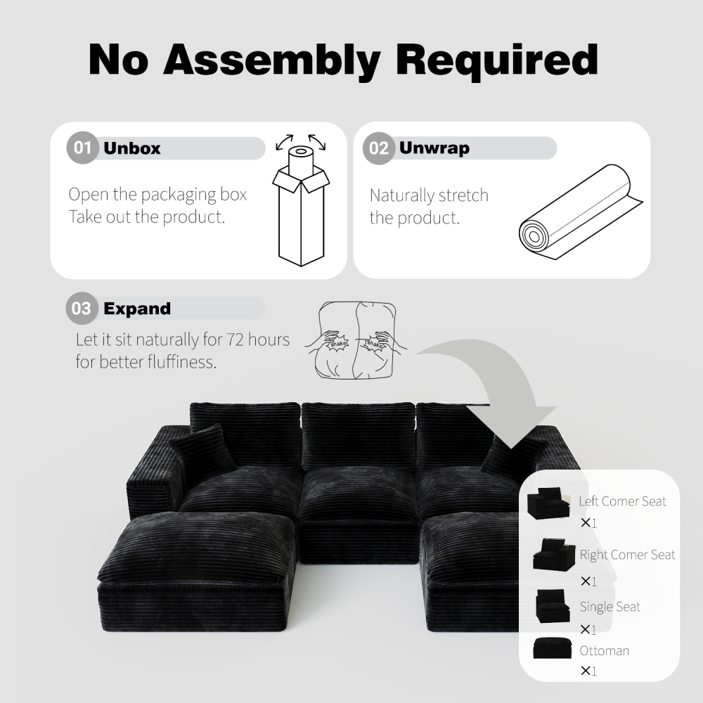 108" Cloud Sectional Couch with L-Shape Chaise, Left-right interchangeable,Modern Modular Sofa with Deep Seat, Upholstered Couches for Living Room Bedroom,No Assembly Required, Soft Plush Corduroy Fab