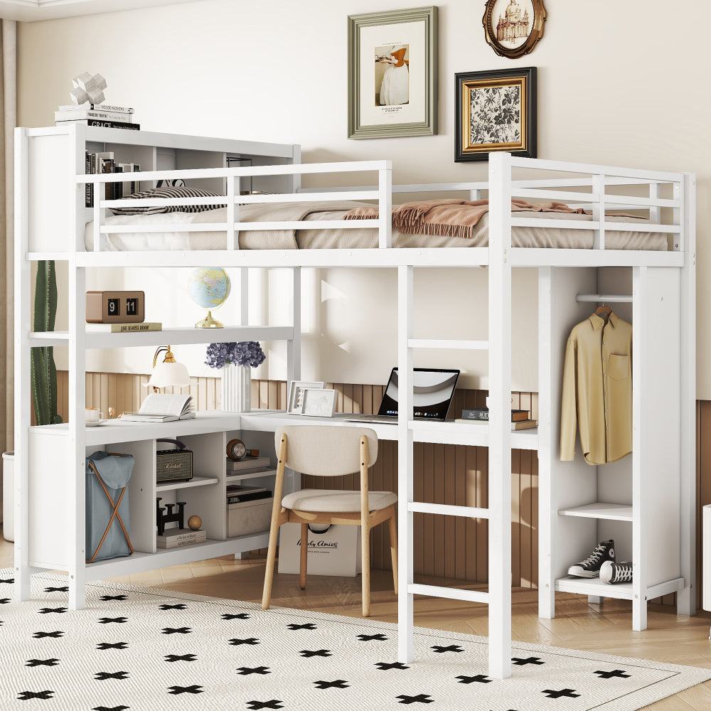Metal Loft Bed with Wardrobe And L-shaped Desk, Queen Size Loft Bed with Storage Cubes and Shelves, Heavy Duty Loft Bed for Kids Teens Adults, Black Woodgrain