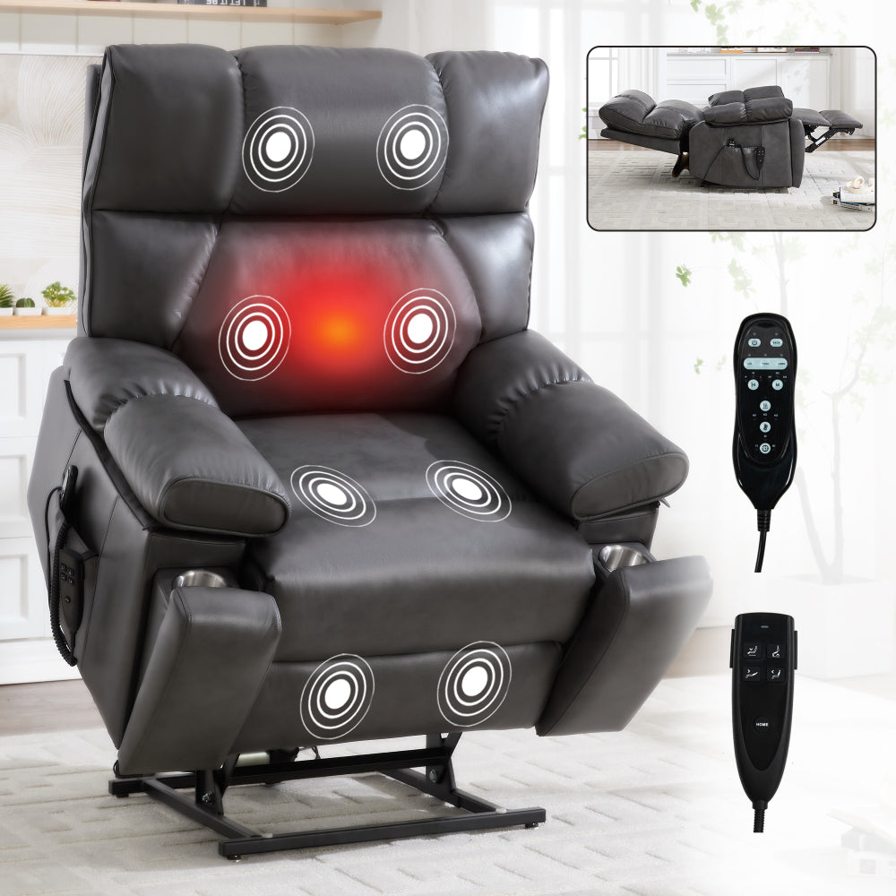 Black Leatheraire Heat Massage Dual Motor Infinite Position Up to 350 LBS Large Electric Power Lift Recliners with Hidden Cup Holders, Power-Remote, Medium-firm and Heavy Duty