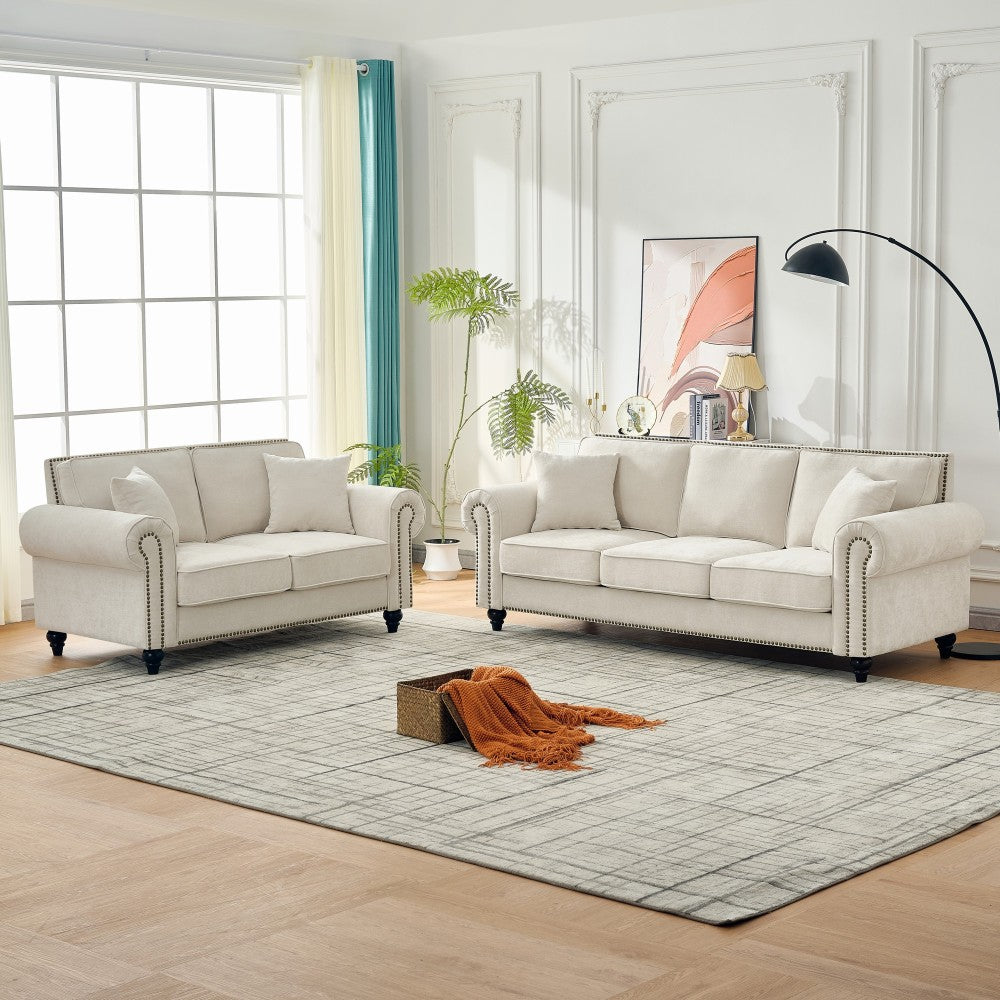 86" Modern 3-Seater Sofa with Rolled Arms,Chenille Upholstered Couch with Wood Legs and Nailhead Trim for Living Room, Apartment,Beige