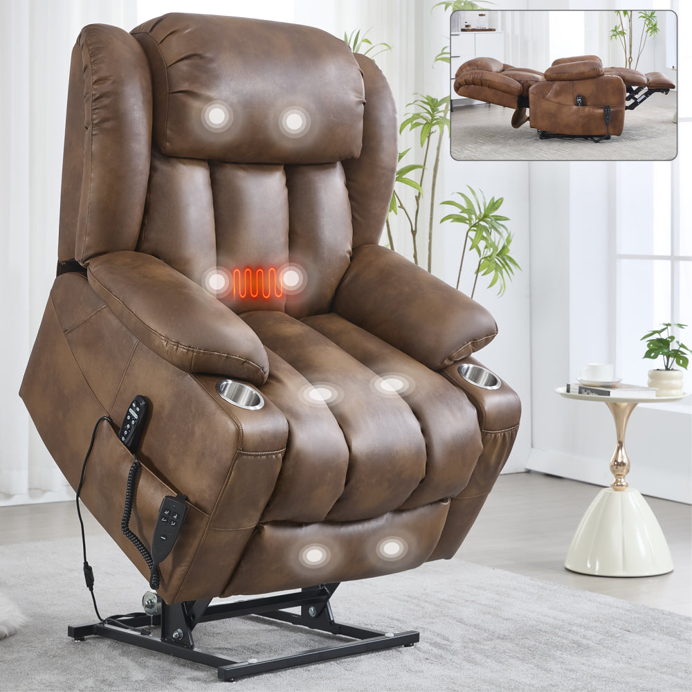 Dual Motor Infinite Position Up to 350 LBS Leatherair Power Lift Recliner Chair, Heavy Duty Motion Mechanism with 8-Point Vibration Massage and Lumbar Heating, Stainless steel Cup Holders, Beige