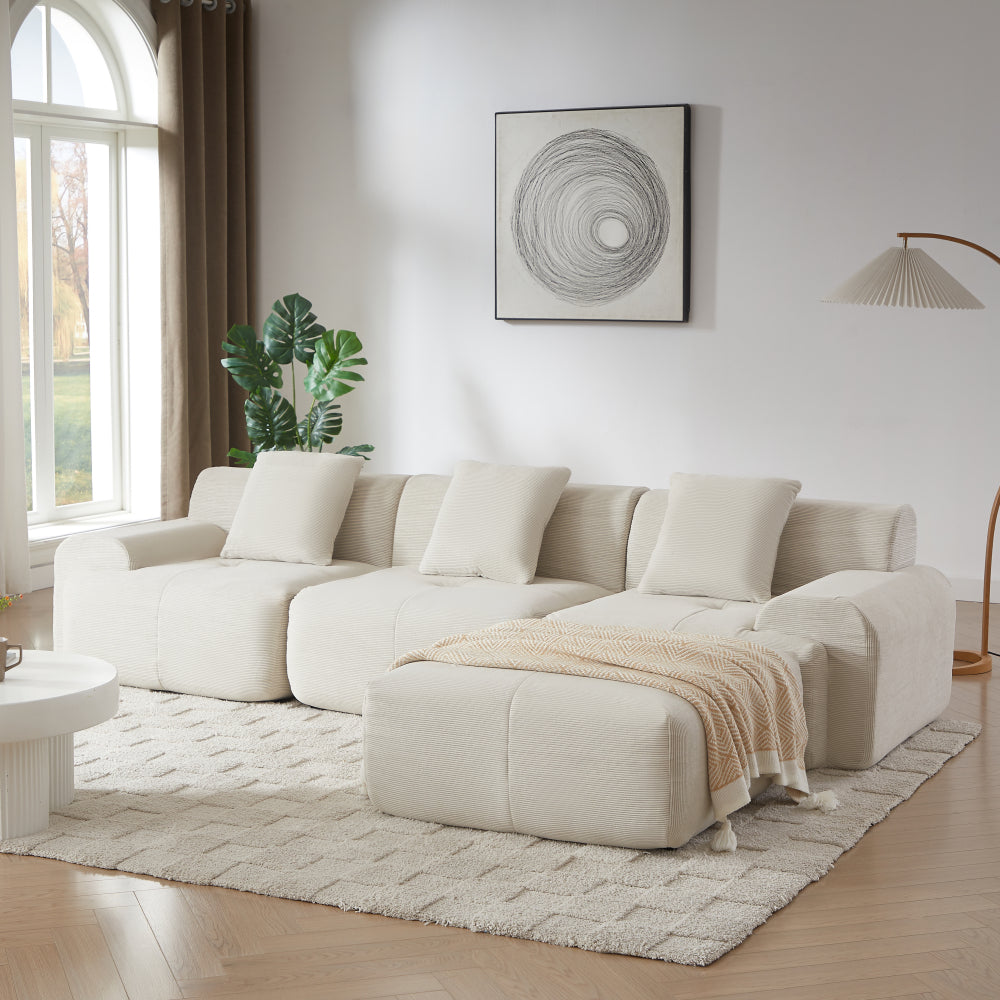 113" Modern L-Shaped Modular Sectional Sofa for Living Room, Corduroy Upholstery dark gray, Oversized 3-Seater Couch with Deep Seat and Movable Ottoman – No Assembly