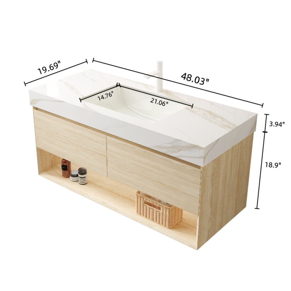 FRIGGA 48" Bathroom Vanity&Sink, Floating Plywood Storage Cabinet, Drawers&Shelf with Sensor Light, Ceramic Undermount Basin&Calacatta Gold Sintered Stone Top, Pre-assembled, Travertine Texture Finish