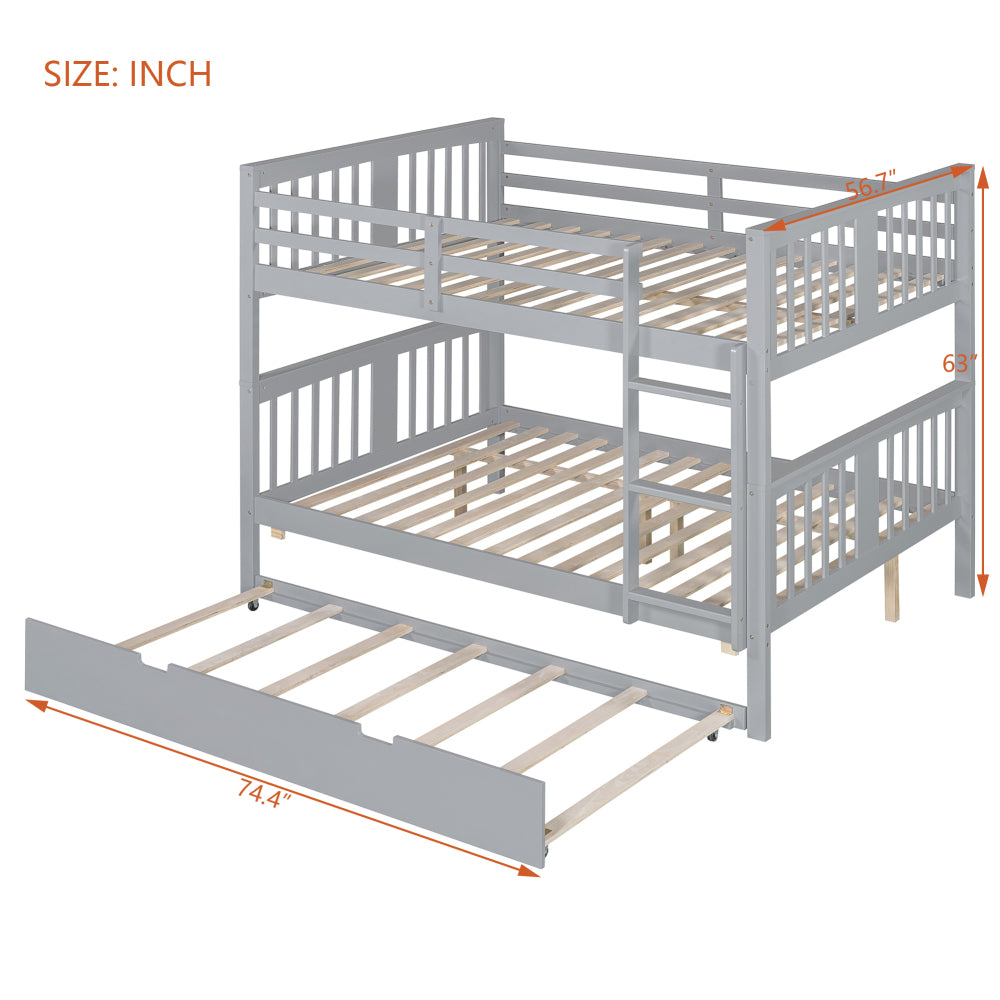 Full over Full Bunk Bed with Twin Size Trundle and Ladder-Gray(Old SKU: LT000204AAE)