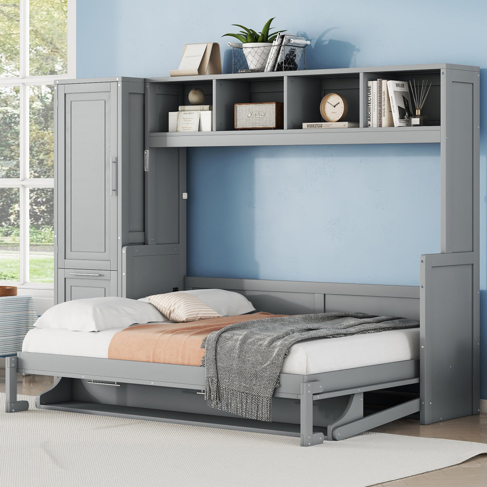 Twin Size Murphy Bed Wall Bed with Closet , Drawers & Desk-White