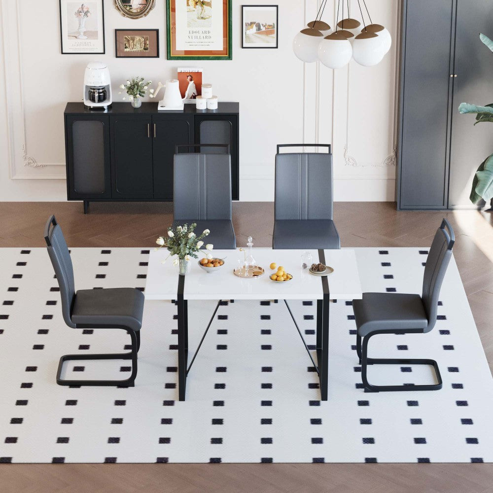55 "rural industrial rectangular MDF white dining table and 4 PU armless dining chair set, kitchen black metal table leg dining chair set