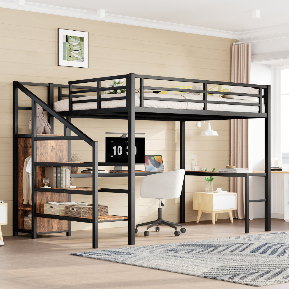 Queen Size Loft Bed with L-shaped Desk and USB, Metal Loft Bed with Wardrobe and Adjustable Shelf, High Loft Bed with LED for Kids Teens Adults, Wood-grain