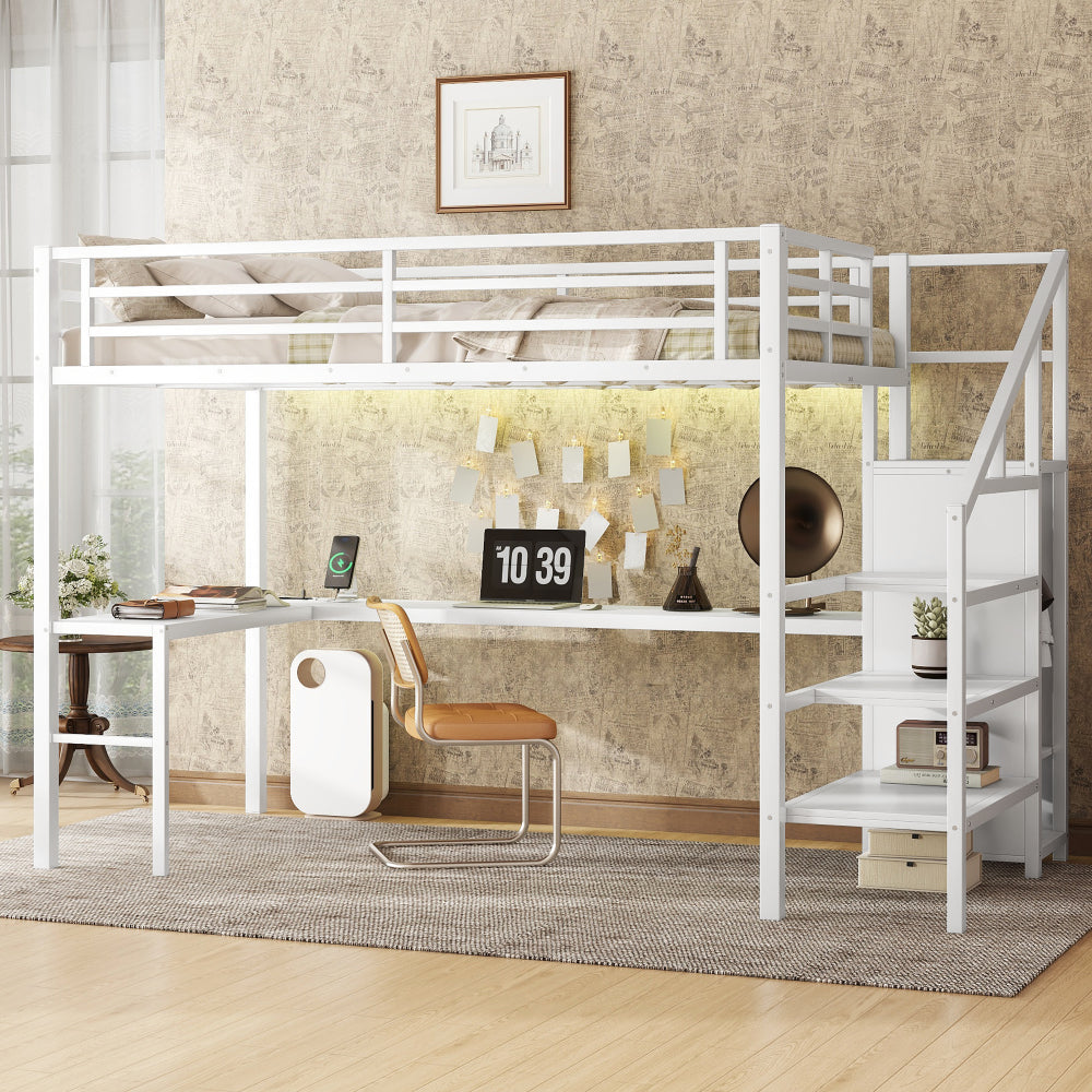 Queen Size Loft Bed with L-shaped Desk and USB, Metal Loft Bed with Wardrobe and Adjustable Shelf, High Loft Bed with LED for Kids Teens Adults, Wood-grain
