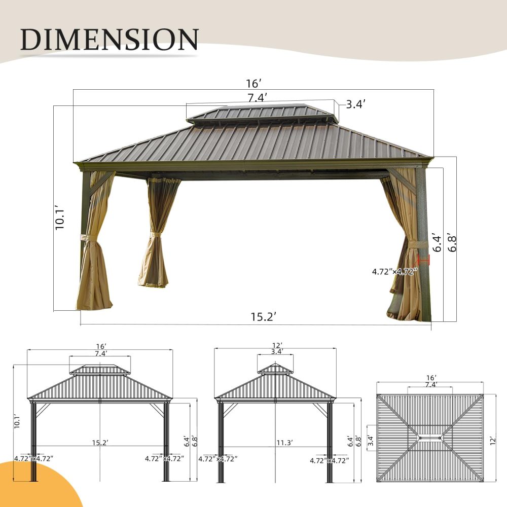 12' x 16' Hardtop Gazebo Outdoor Aluminum Gazebos Grill with Galvanized Steel Double Canopy for Patios Deck Backyard,Curtains&Netting