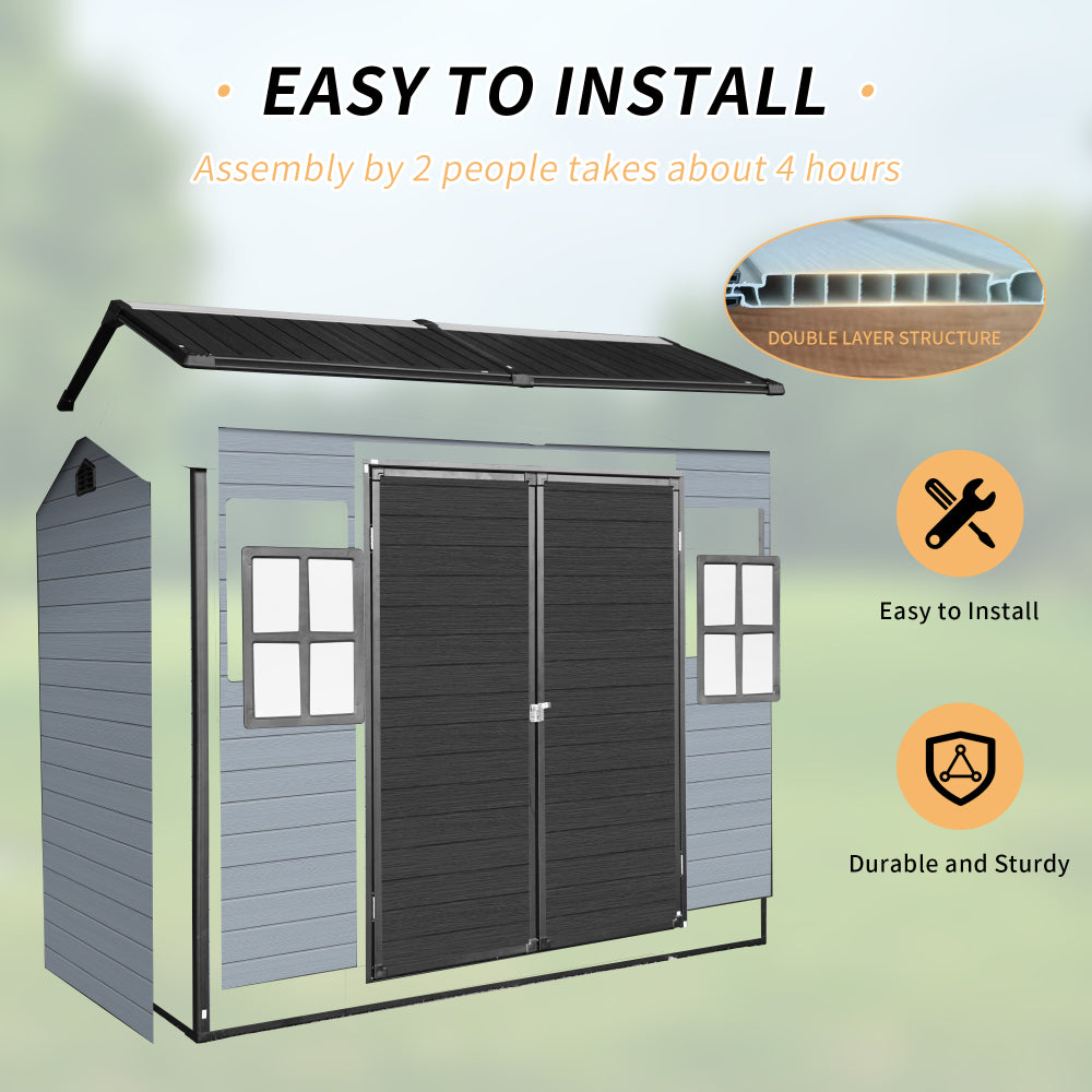 8x4ft Outdoor Resin Garden Shed with Floor and 2 Windows, Plastic Patio Outdoor Storage Shed with Lockable Door for Garden Tools, Bicycles, Trash Cans, Gray+Black