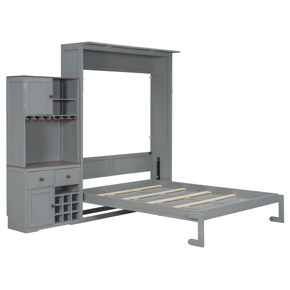 Queen Size Murphy Bed with Storage Cabinet, Wine Rack, Glass Holder, Drawers and Multi-Color LED Strip, Gray