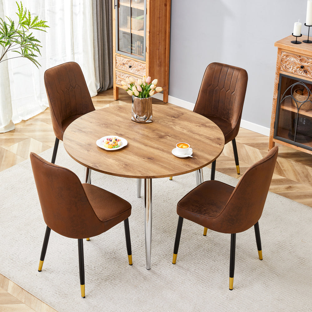 Table and chair set.With a Expandable mechanism,the Wood Grain MDF table top and silver metal legs and has a smooth surface.Paried With 4 White PU Chairs with a vertical stripe design on the backrest.