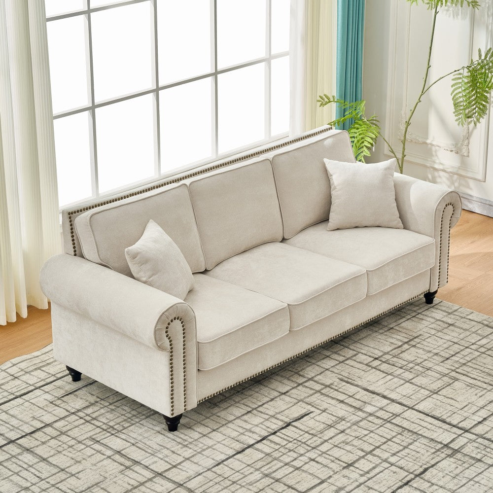 86" Modern 3-Seater Sofa with Rolled Arms,Chenille Upholstered Couch with Wood Legs and Nailhead Trim for Living Room, Apartment,Beige