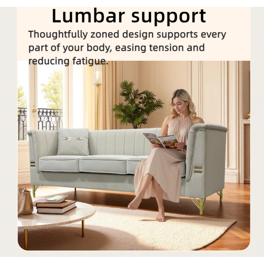 FX-P82-2PC SOFA -BE3 Modern Velvet Upholstered Sofa Set of 2, Beige 3-Seater Sofas with Gold Metal Legs Contemporary Living Room Furniture for Family Homes, Apartments, and Lounge Spaces