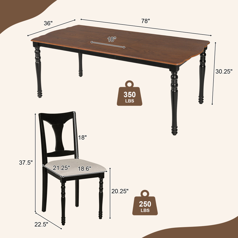7-Piece Dining Table Set, 60inch to 78inch Extendable Wood Dining Table with Removable Leaf, Kitchen Table Set with 6 Upholstered Side Chair, Dining Table Set for 6