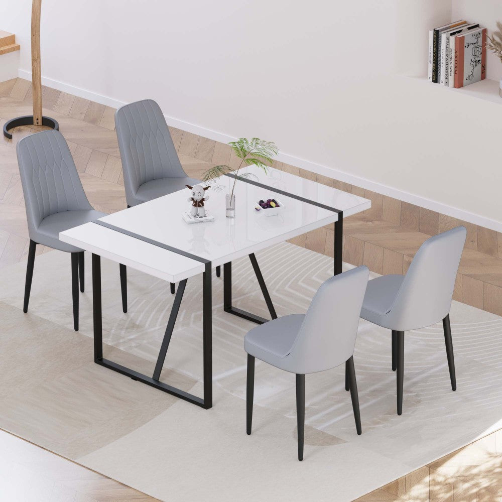 55 "4-person modern MDF dining table set, kitchen black metal leg dining table and chair set, industrial rectangular white tabletop and dining room thick padded PU dining chairs