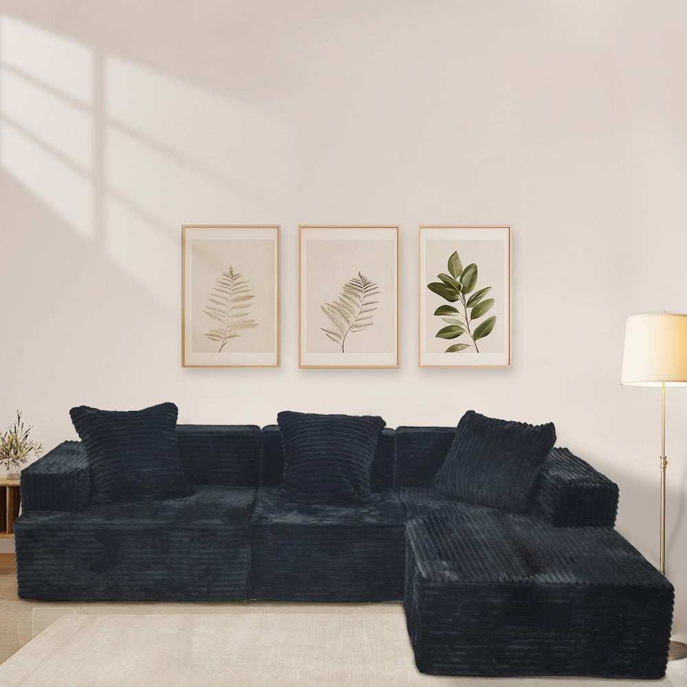 Compression Sectional Couch with Comfy Chaise, Boneless L Shape Sofa with Deep Seat, Minimalist Modular Couches Sleeper for Living Room Bedroom Apartment Lounge,corduroy,Black