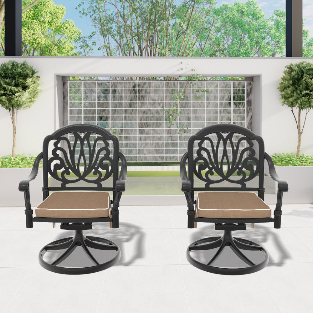 Cast Aluminum Patio Swivel Chair 4PCS With Black Frame and Brown Cushions