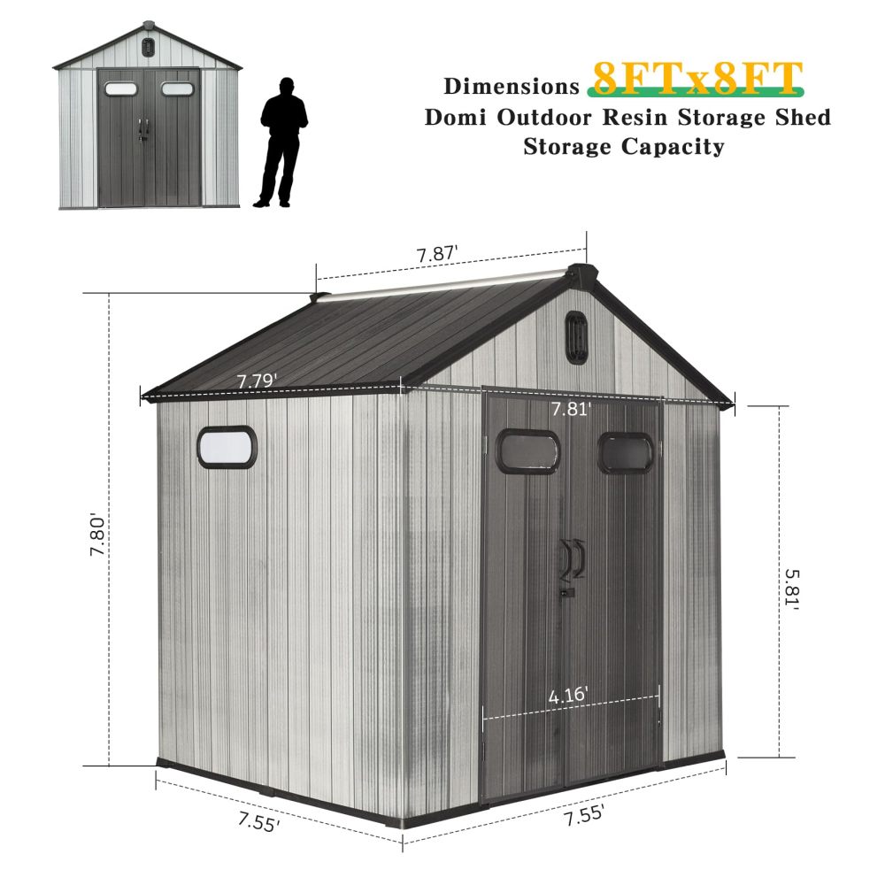 8x8FT Resin Outdoor Storage Shed with Lockable Door, Waterproof Outside Sheds with Windows & Vents, Heavy-Duty Plastic Tool Storage Shed for Patio Furniture, Lawn Mower, Bike