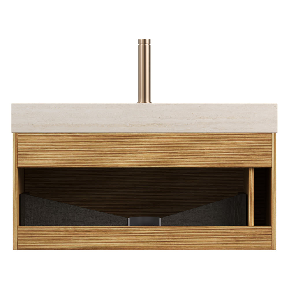 NYAH 36'' Bathroom Vanity&Sink, Floating Ultra-Slim Grille Plywood Storage Cabinet, Drawer, Sensor Light, Travertine-Pattern Sintered Stone Top&Ceramic Undermount Basin, Pre-assembled, Light Woodgrain