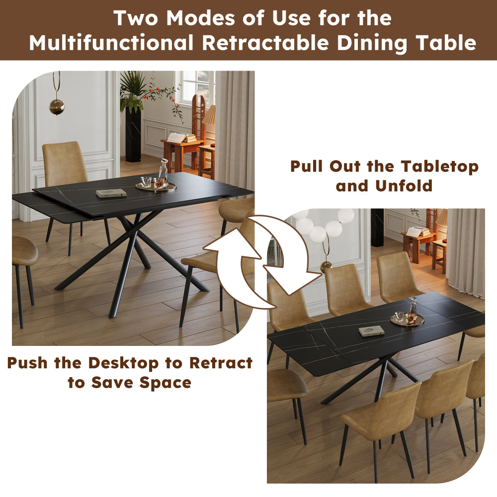 Retractable Sintered Stone Dining Table Set,It features a modern rectangular design, with black carbon steel table legs and a cross-leg structure at the bottom. (Table + 4 Chairs)
