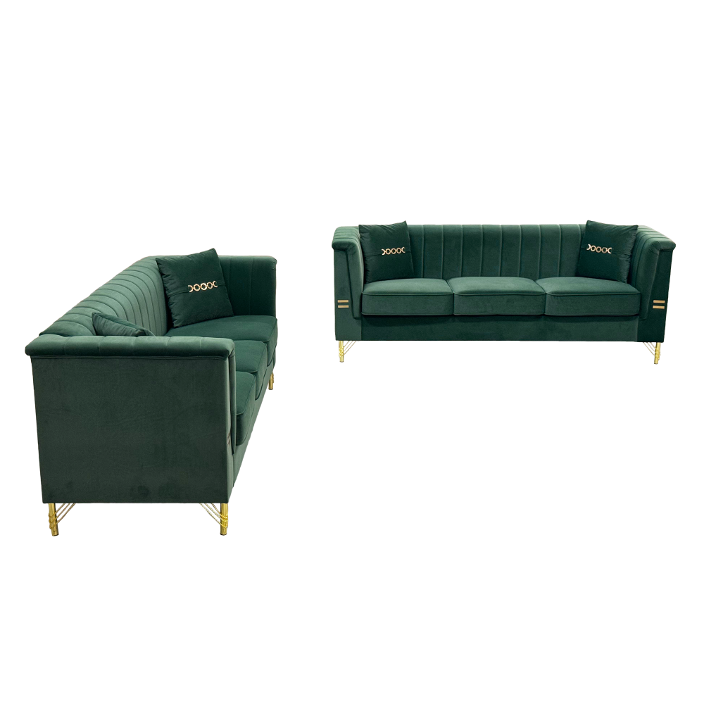FX-P82-2PC SOFA -GR3 Green Velvet Sofa Set of 2, Two Modern 3-Seater Sofas with Plush Cushions & Gold-Tone Metal Legs Stylish Living Room Couch Set for Homes, Apartments, and Guest Areas