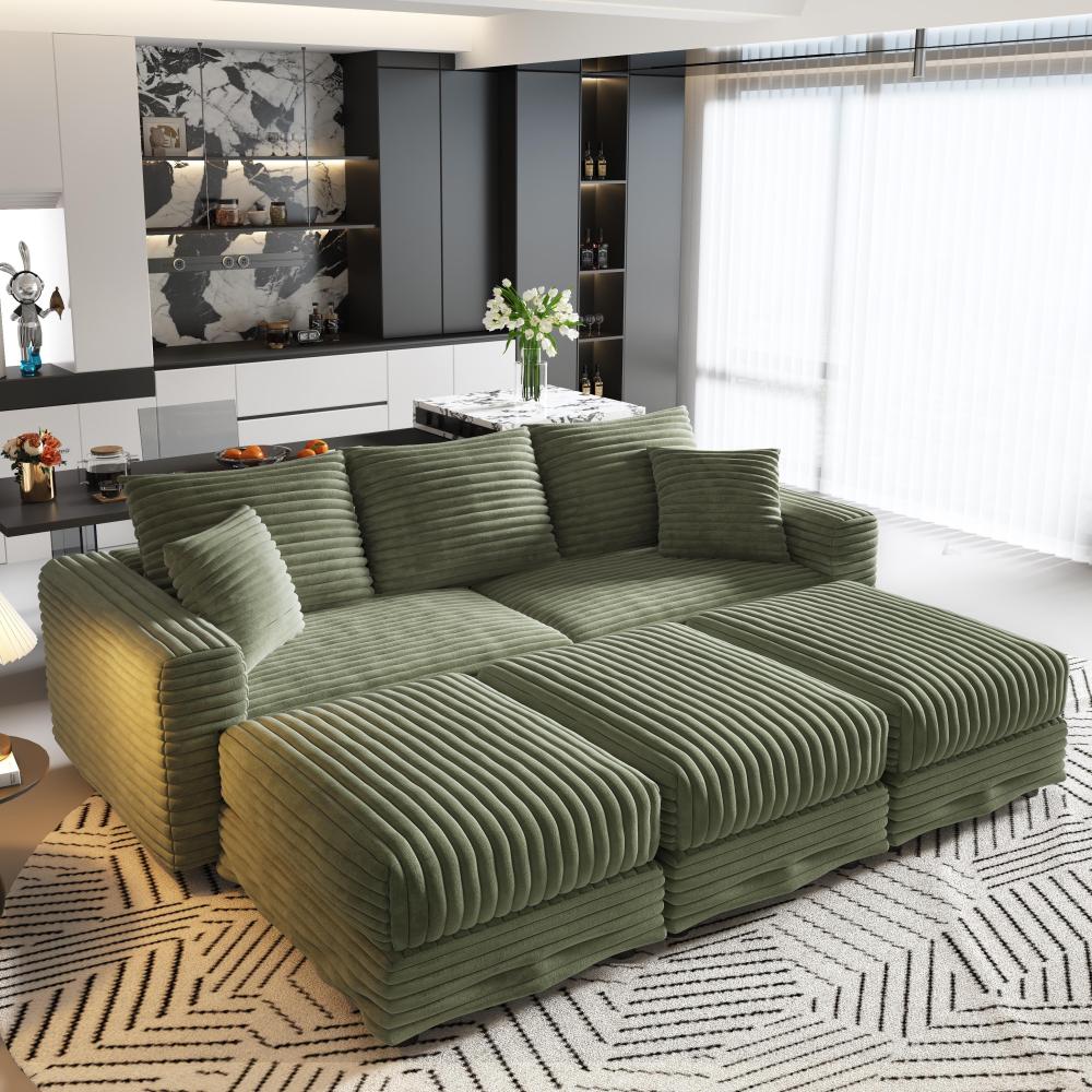 82.7 "Plush Corduroy 3-Seat Sofa,Modern Comfy Upholstered Sofa Cloud Couch,Deep Seat Couches with Soft Pillows and 1 Ottomans,Convertible Sofa Lounge Chair,Green(ETA:8.15)