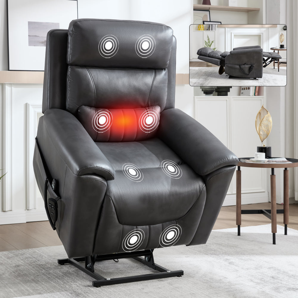 Dual Motor Infinite Position Up to 350 LBS Leatherair Power Lift Recliner Chair, Heavy Duty Motion Mechanism with 8-Point Vibration Massage and Lumbar Heating,Grey