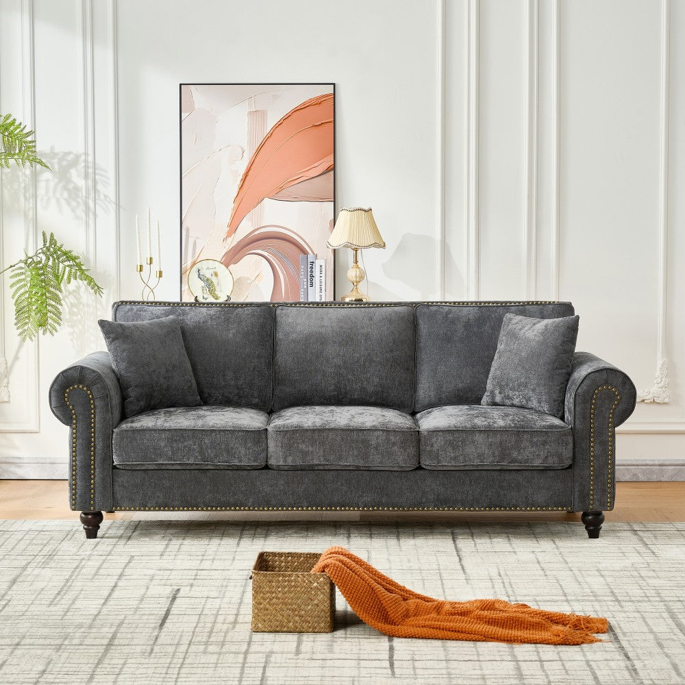 86" Modern 3-Seater Sofa with Rolled Arms,Chenille Upholstered Couch with Wood Legs and Nailhead Trim for Living Room, Apartment,Beige