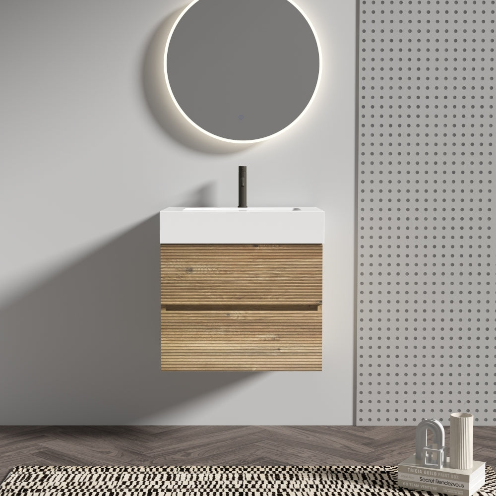 Grace 36" Rough Oak+Rough Oak Bathroom Vanity with White Engineered Quartz Sink and Soft Drawers, Wall Mounted Floating Bathroom Vanity for Modern Bathroom, One-Piece White Glossy Basin, KD