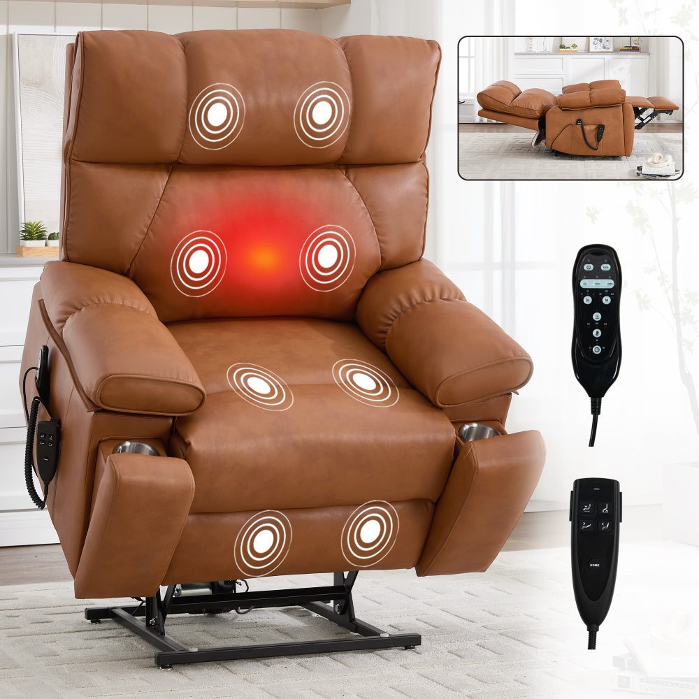 Black Leatheraire Heat Massage Dual Motor Infinite Position Up to 350 LBS Large Electric Power Lift Recliners with Hidden Cup Holders, Power-Remote, Medium-firm and Heavy Duty
