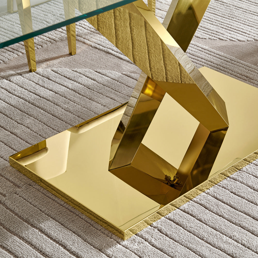 Gold stainless steel dining table 70.08 inch clear tempered glass top
