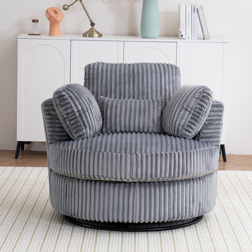 Oversized 360 Degreed Swivel Accent Chair Modern Soft Plush Corduroy Round Barrel Chair for Living Room Bedroom with Pillows, Orange